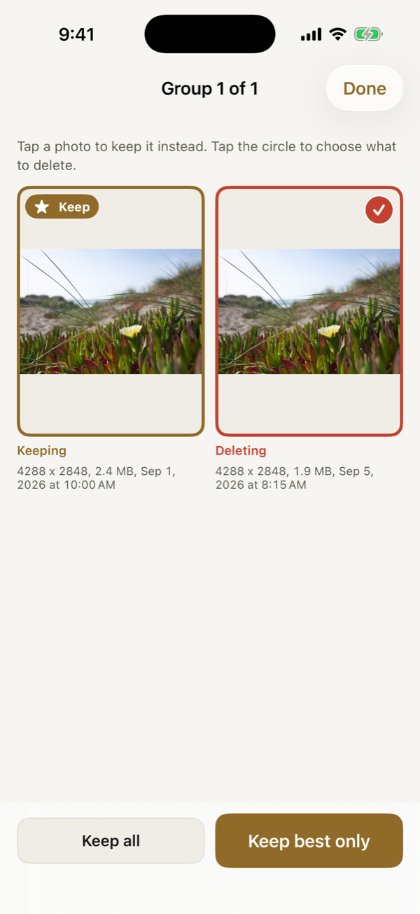 Two copies of the same photo side by side. The one on the left is marked Keep; the one on the right is marked Deleting, with its size and date. Buttons below: Keep all, and Keep best only.