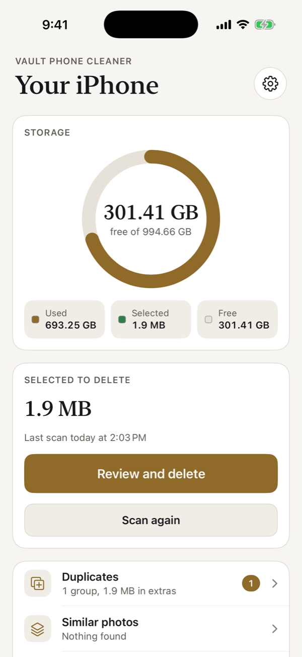 The Your iPhone screen after a scan: a storage ring with used, selected and free space, how much is selected to delete, the Review and delete button, and Duplicates with one group found.